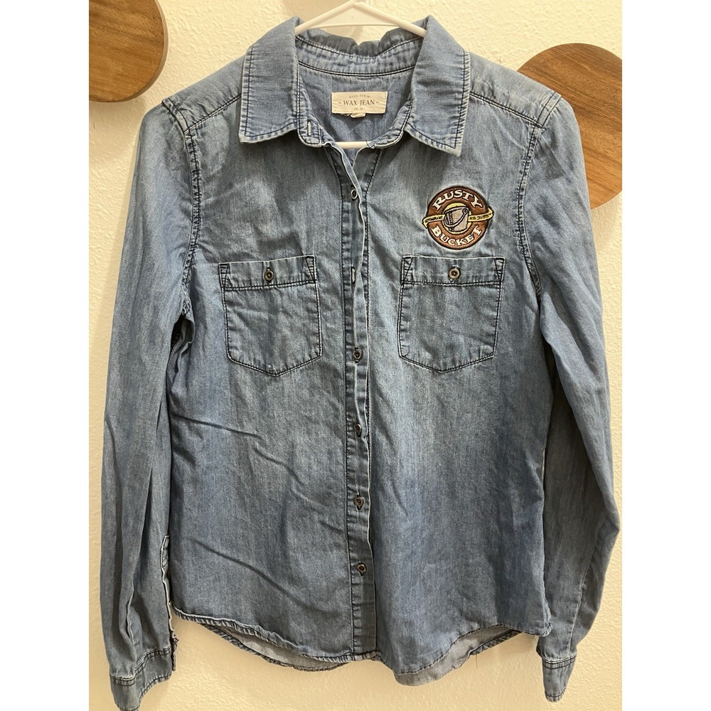 Wax Jean Women's Light Blue Denim RUSTY BUCKET LOGO Shirt Size‎ M